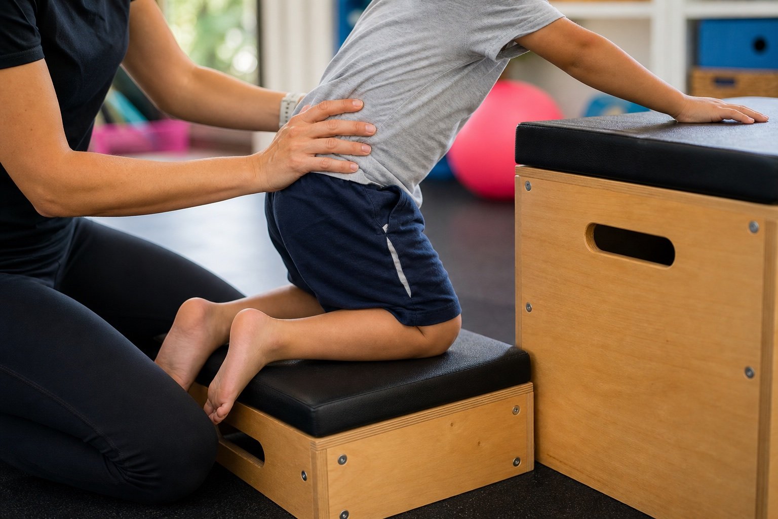 Close-up custom image of therapist hands guiding trunk control during a DMI-style kneeling transition.
