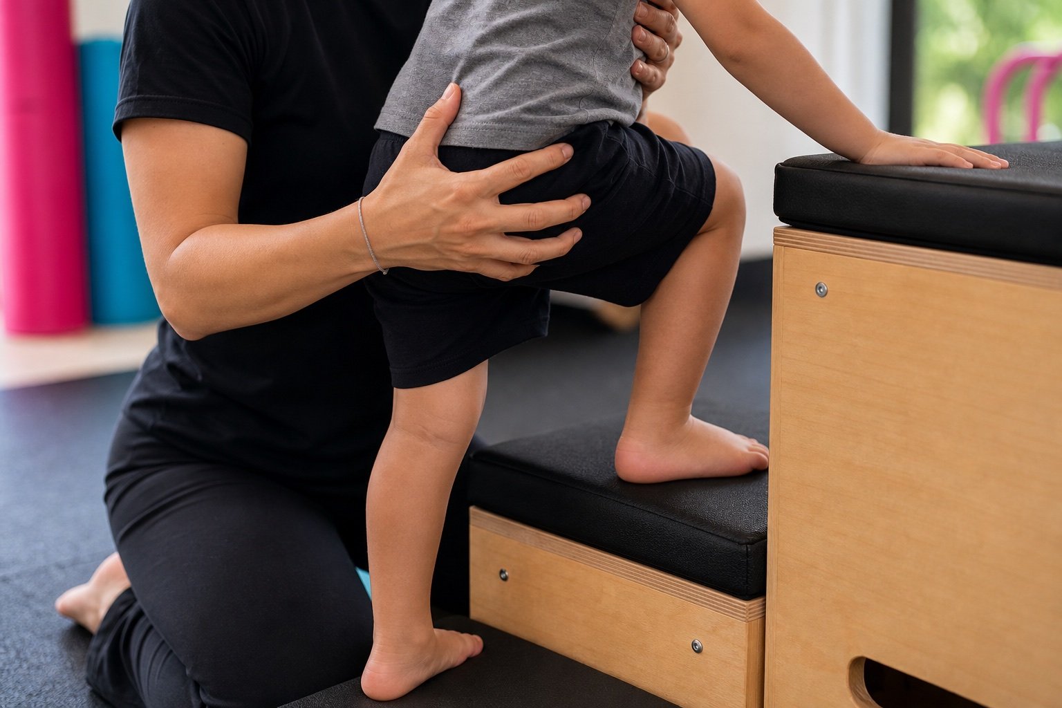Close-up custom image of therapist hand placement at the pelvis during DMI-style movement practice.