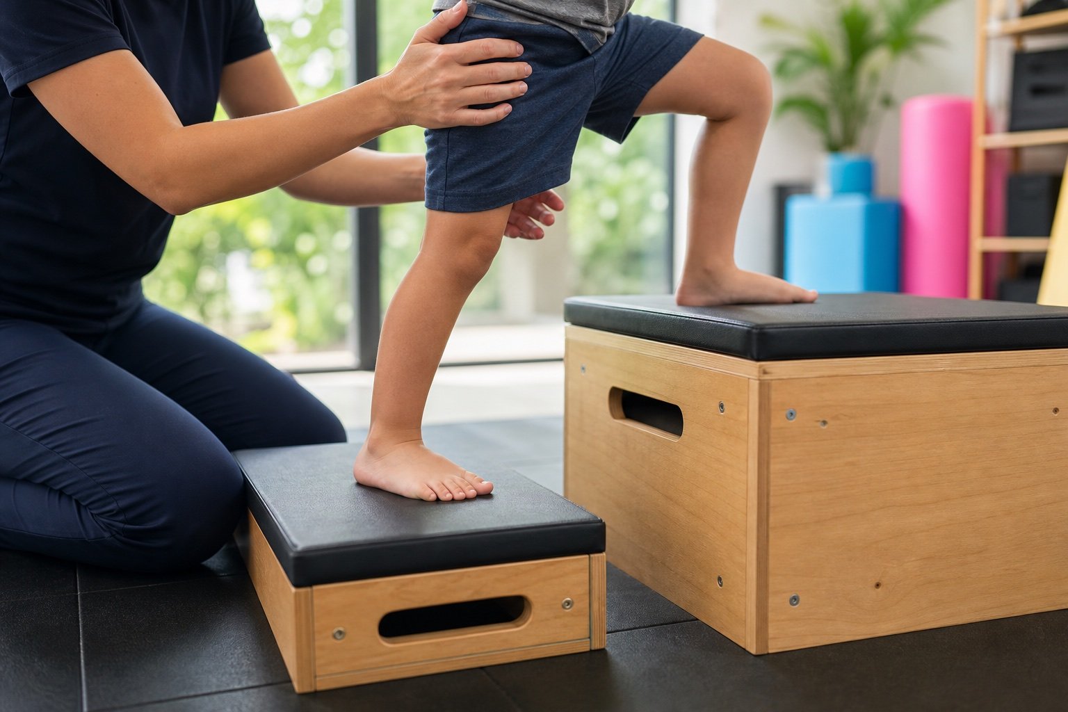 Close-up custom image of therapist support during a DMI-style step and weight shift on therapy boxes.